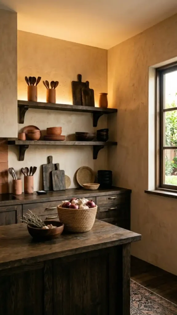 Warm-sand-textured-plaster-kitchen-wall-behind-dark-wood-open-shelving