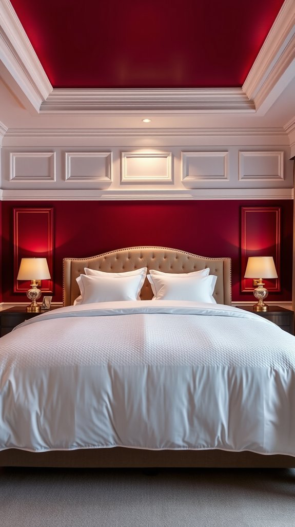 white bedding balances bold burgundy walls