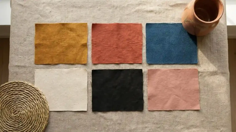 wide-editorial-flat-lay-of-six-fabric-swatches-arranged-on-a-raw-linen-surface