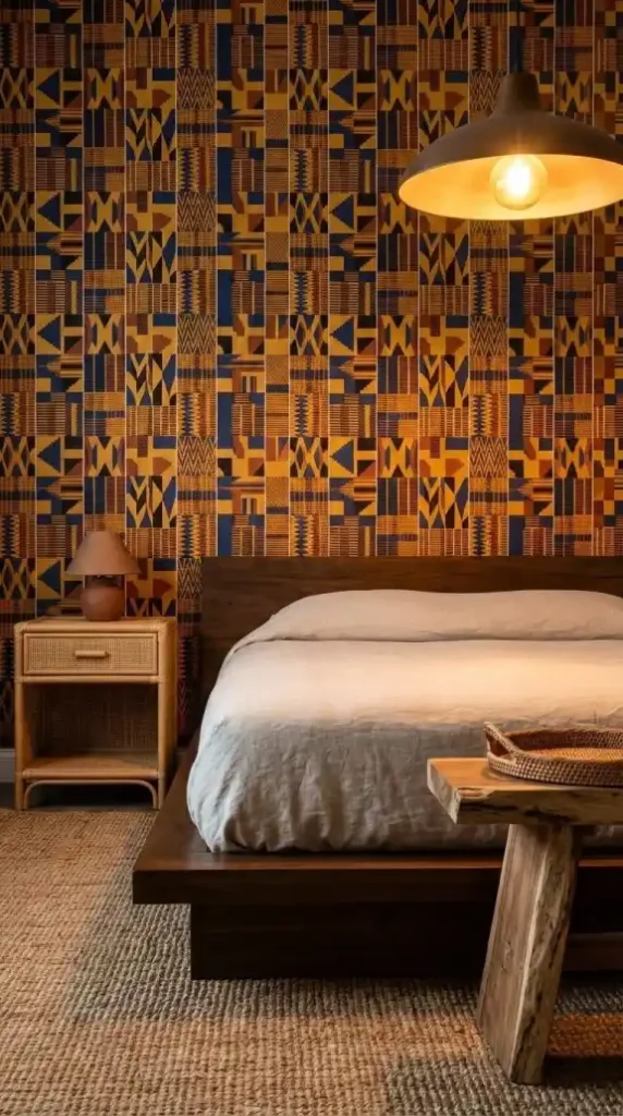 wide-shot-afro-bohemian-bedroom-wallpaper-pairing-furniture-kente-bed-rattan-wicker-acacia