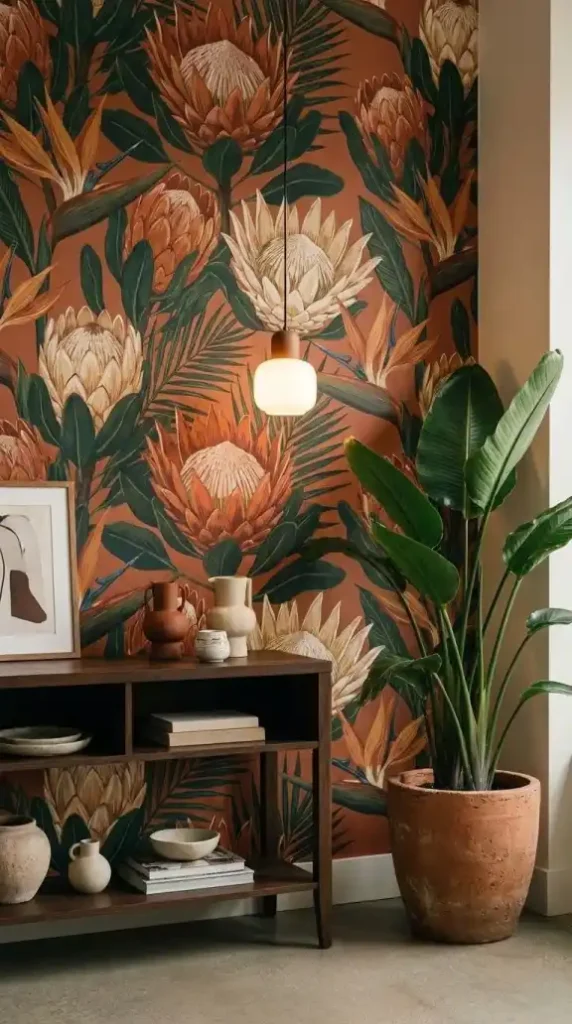 wide-shot-styled-afro-bohemian-corner-maximalist-botanical-wallpaper